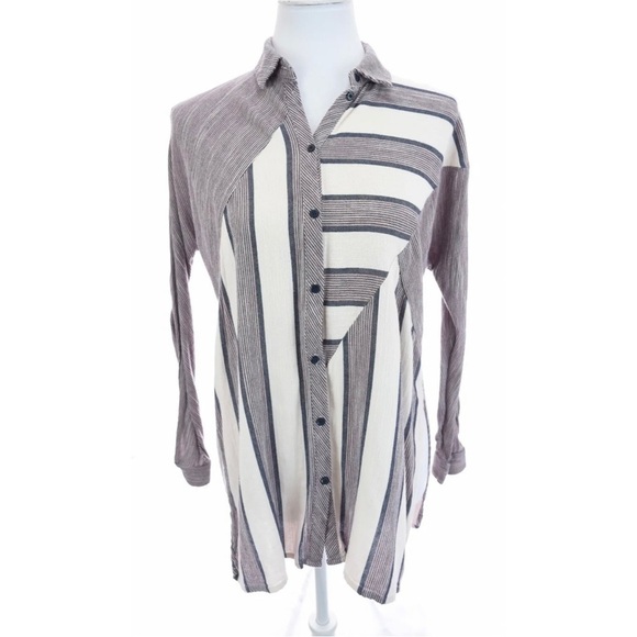 Topshop Striped Side Slits Tunic Button Up Front Shirt Womens Sz 4 Small - Picture 4 of 13